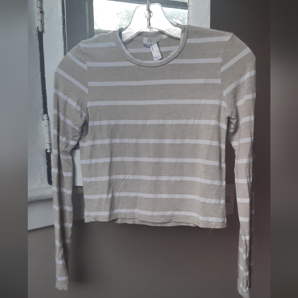 American Apparel Beige & White Striped Long-Sleeve Crop Top